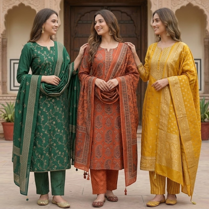 Pack of 3 Women’s Designer Kurta Sets – Ethnic Kurta Pant Dupatta Set for Women (P3K-3)