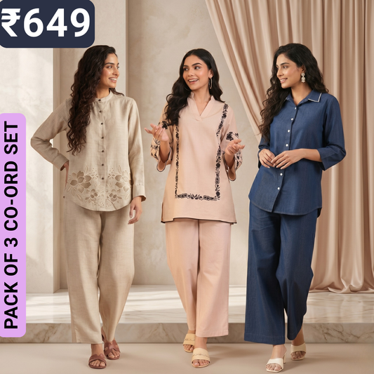 Pack of 3 Women’s Premium Printed Co-Ord Set Combo  (C-02)