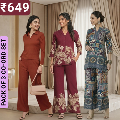 Pack of 3 Women’s Premium Printed Co-Ord Set Combo  (C-01)