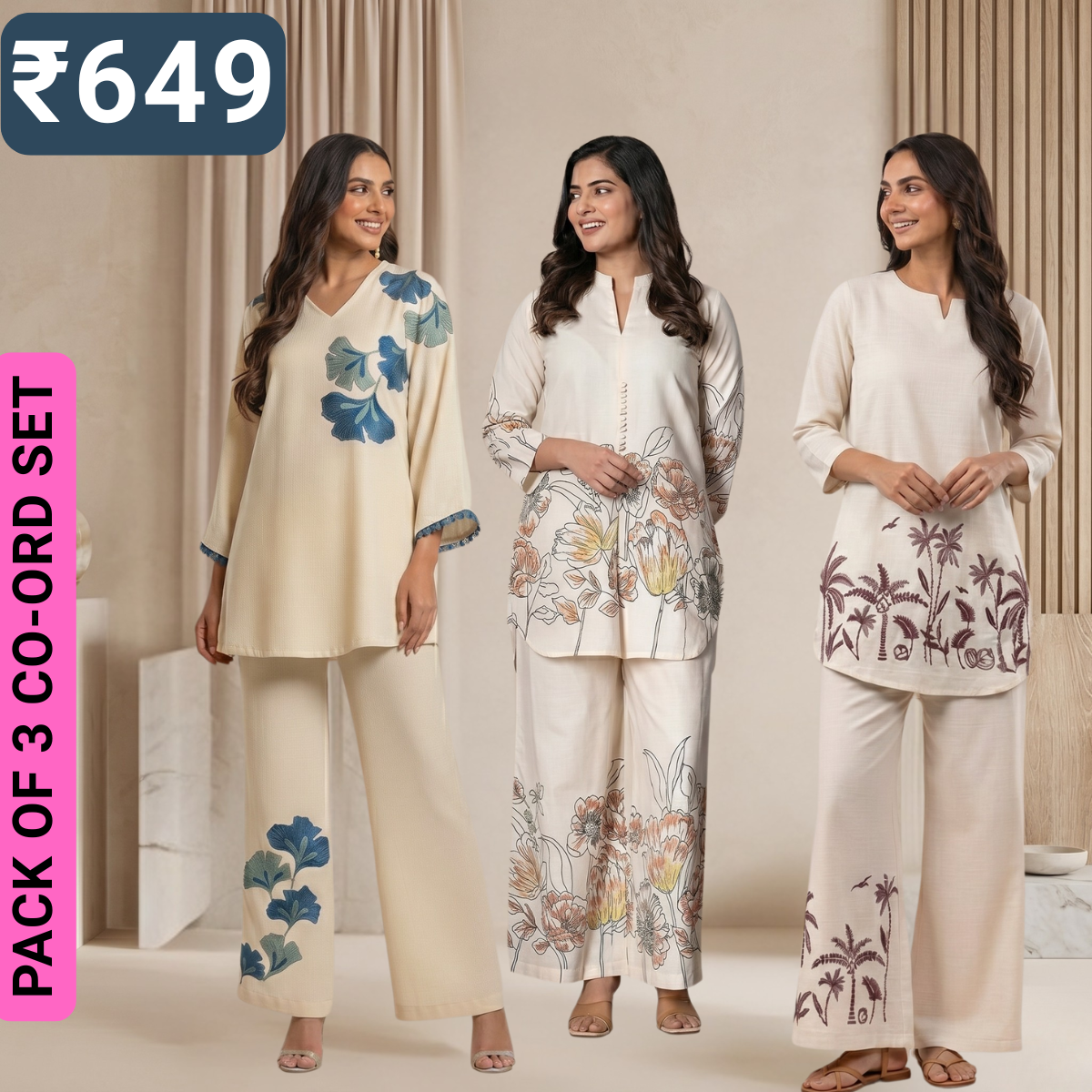 Pack of 3 Women’s Premium Printed Co-Ord Set Combo  (C-05)