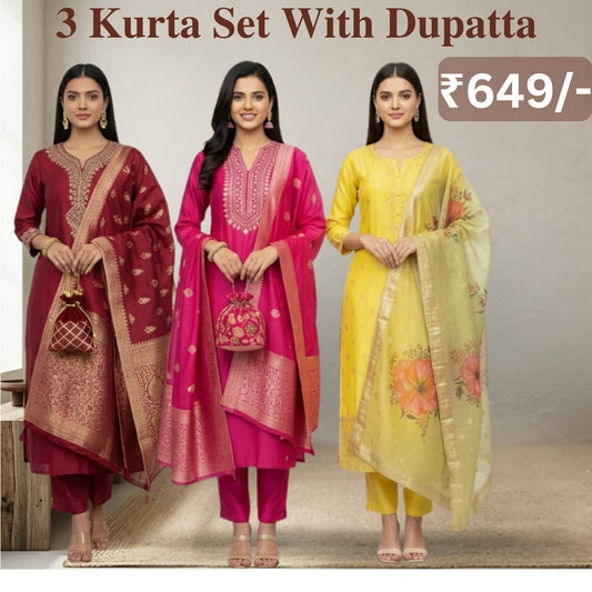 Women's Pack of 3 Pure Cotton Kurtis with Pant & Dupatta |C-02