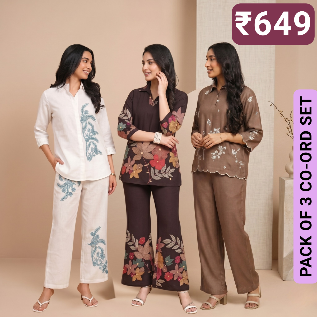 Pack of 3 Women’s Premium Printed Co-Ord Set Combo  (C-04)