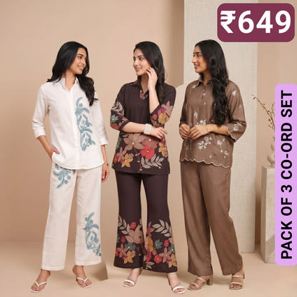 Pack of 3 Women’s Premium Printed Co-Ord Set Combo  (C-04)