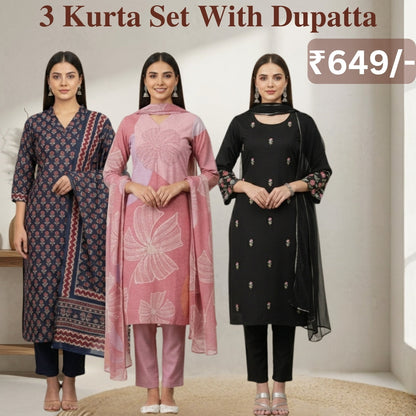 Women's Pack of 3 Pure Cotton Kurtis with Pant & Dupatta |C-04