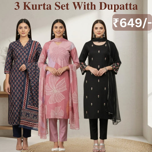 Women's Pack of 3 Pure Cotton Kurtis with Pant & Dupatta |C-04