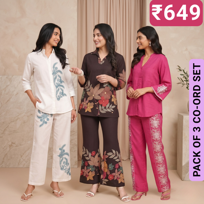 Pack of 3 Women’s Premium Printed Co-Ord Set Combo  (C-03)