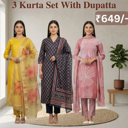 Women's Pack of 3 Pure Cotton Kurtis with Pant & Dupatta|C-09