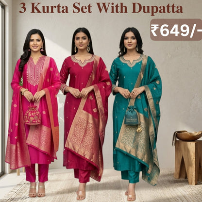 Women's Pack of 3 Pure Cotton Kurtis with Pant & Dupatta|C-10