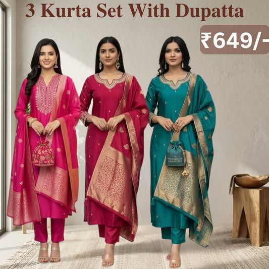 Women's Pack of 3 Pure Cotton Kurtis with Pant & Dupatta|C-10