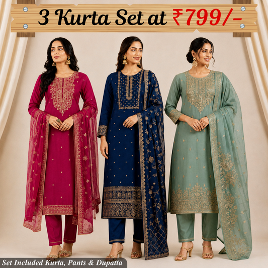 Pack Of 3 Elegant Cotton Kurta Set with Dupatta for Women (DMM-6)