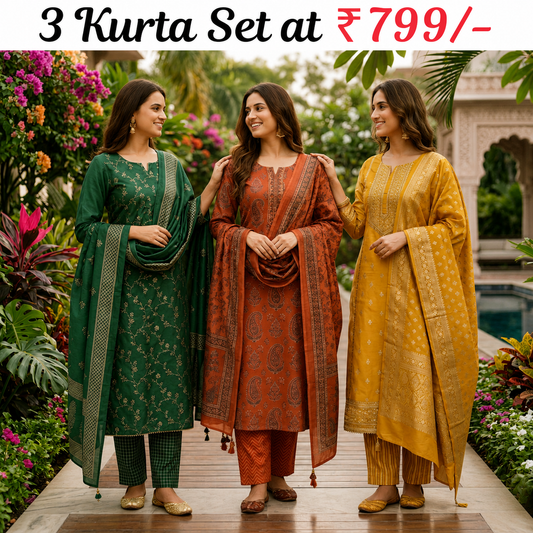 Pack of 3 Women’s Designer Kurta Sets – Ethnic Kurta Pant Dupatta Set for Women (P3K-3)