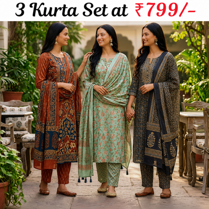Pack of 3 Women’s Designer Kurta Sets – Ethnic Kurta Pant Dupatta Set for Women (P3K-14)