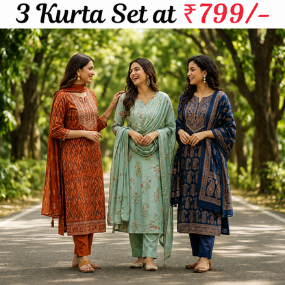 Pack of 3 Women’s Designer Kurta Sets – Ethnic Kurta Pant Dupatta Set for Women (P3K-18)