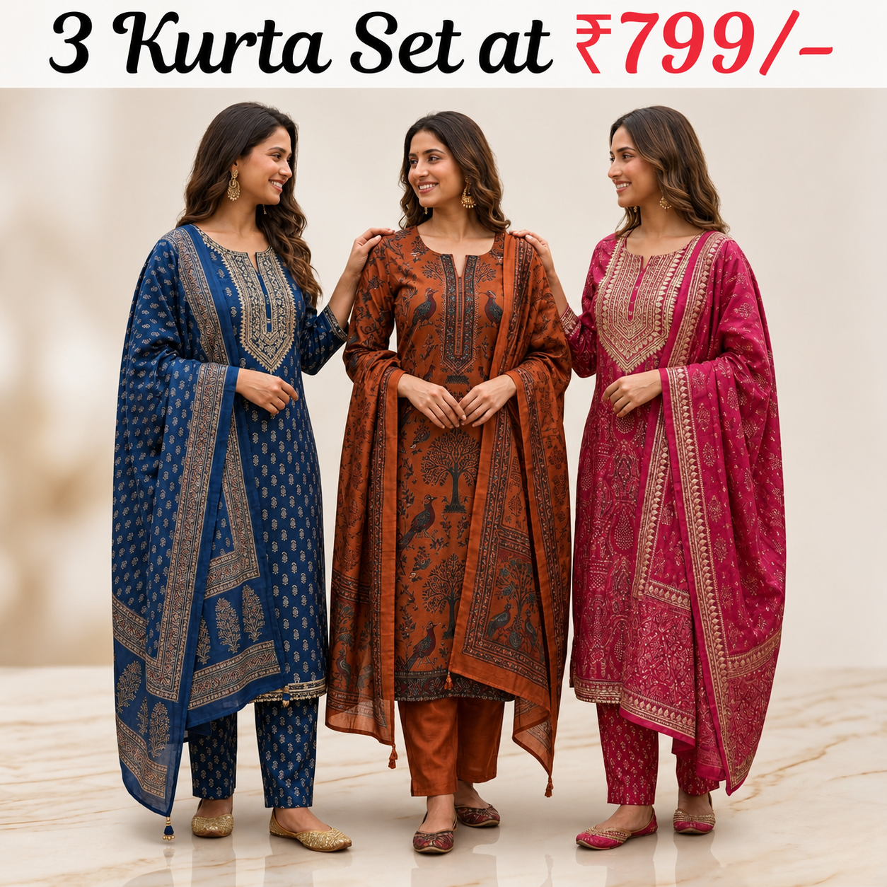 Pack of 3 Women’s Designer Kurta Sets – Ethnic Kurta Pant Dupatta Set for Women (P3K-2)