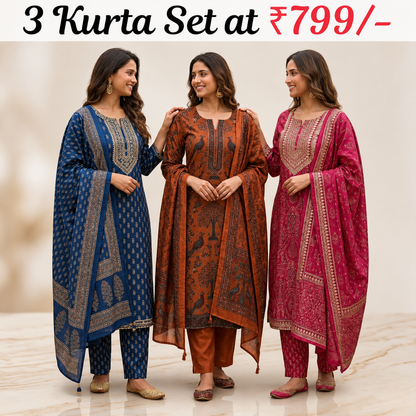Pack of 3 Women’s Designer Kurta Sets – Ethnic Kurta Pant Dupatta Set for Women (P3K-2)