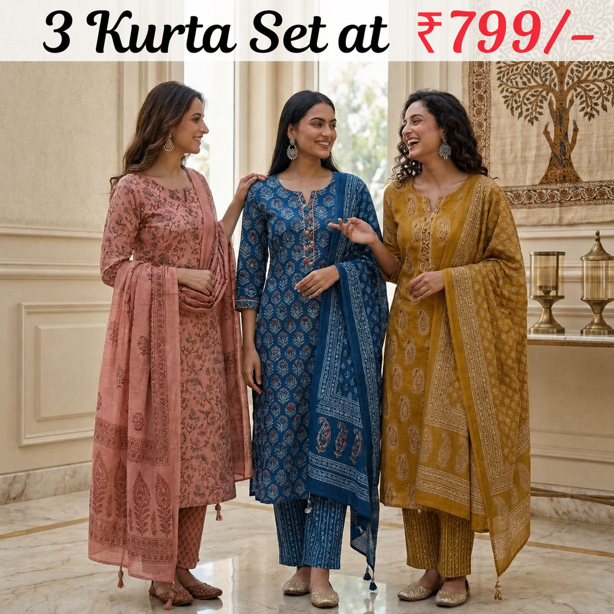 Pack of 3 Women’s Designer Kurta Sets – Ethnic Kurta Pant Dupatta Set for Women (P3K-8)